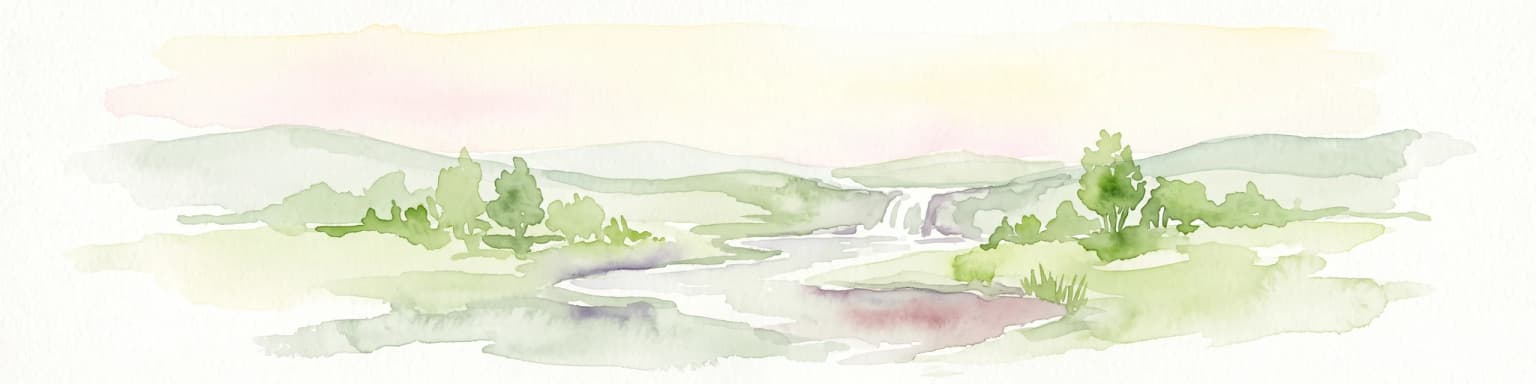 Pintura en acuarela de un paisaje suave y ondulado con un pequeño arroyo, una pequeña cascada y árboles dispersos bajo un cielo claro y suave.