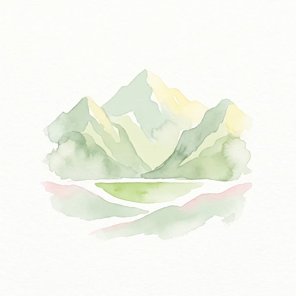 Watercolor illustration showing mountain range with lake reflection