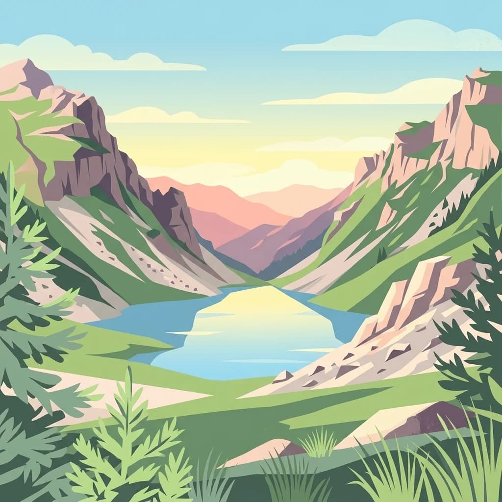 Stylized illustration of a mountain valley with a lake surrounded by rocky peaks and green vegetation under a partly cloudy sky
