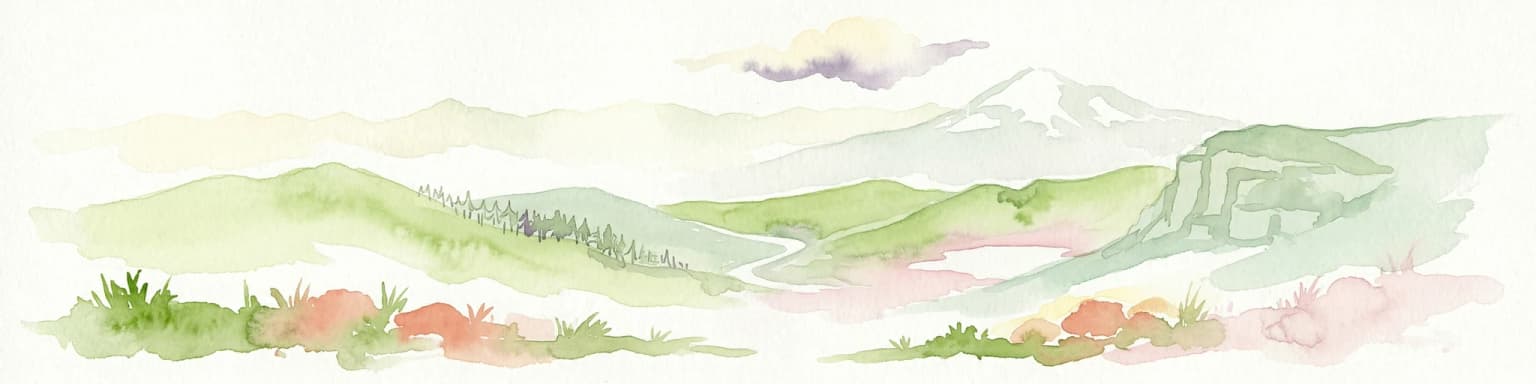 Watercolor illustration of mountainous landscape with rolling hills, green fields, and distant snow-capped peaks.