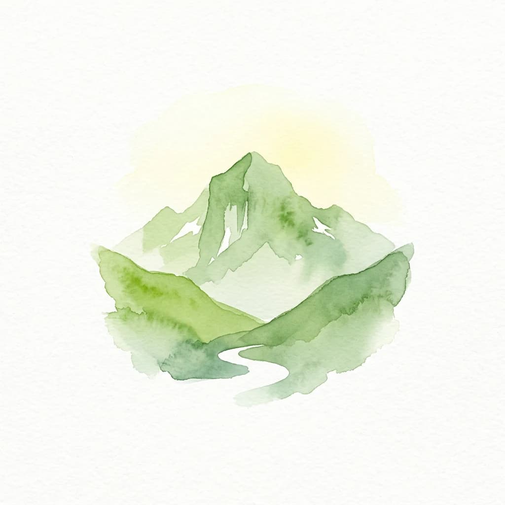 Watercolor illustration of green mountains with a winding path against a light background