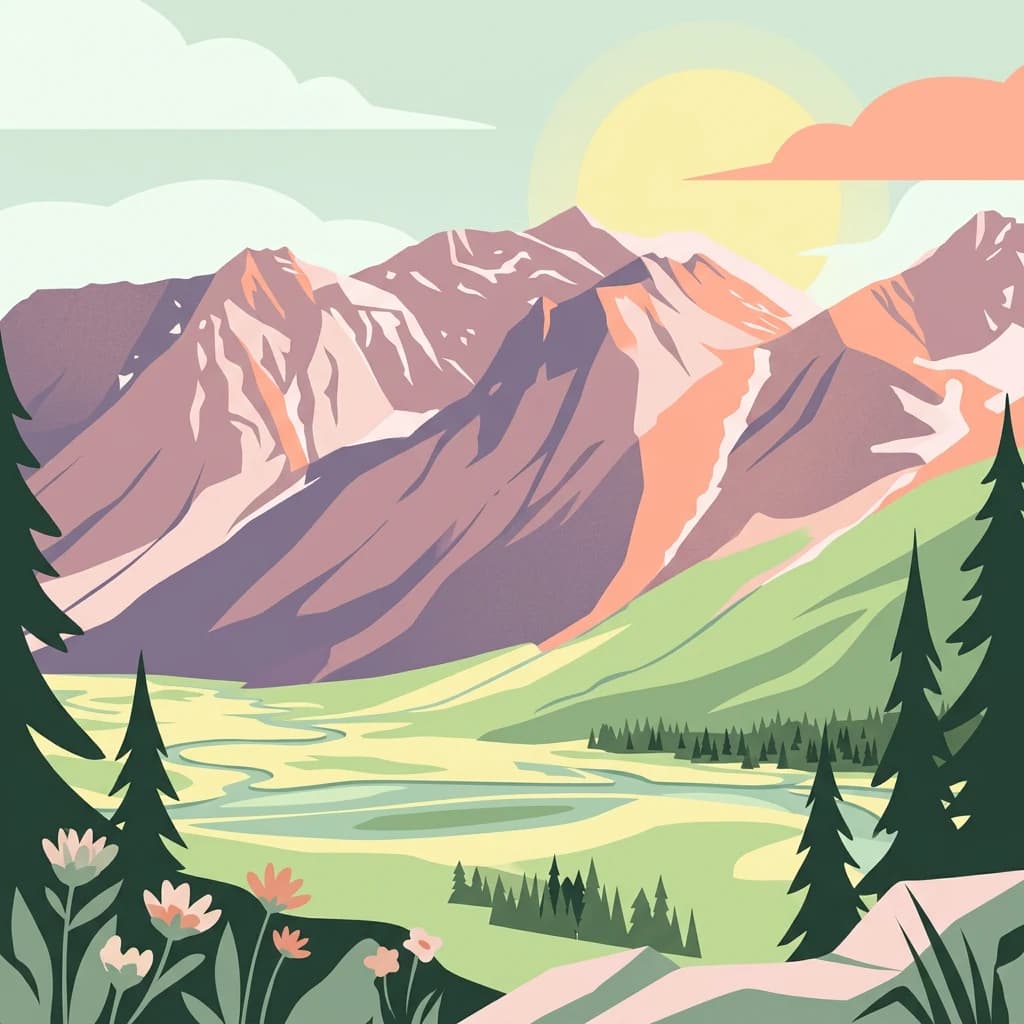 Illustration of mountain range with snow patches, river valley, coniferous trees, and flowers under a sunlit sky