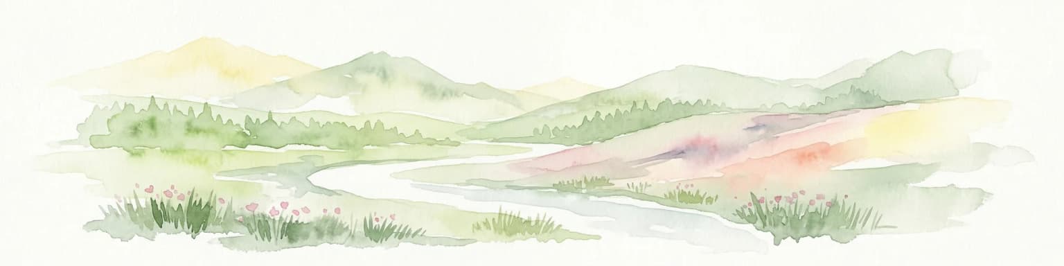 Watercolor illustration of a mountainous landscape with a river, grass, and distant hills