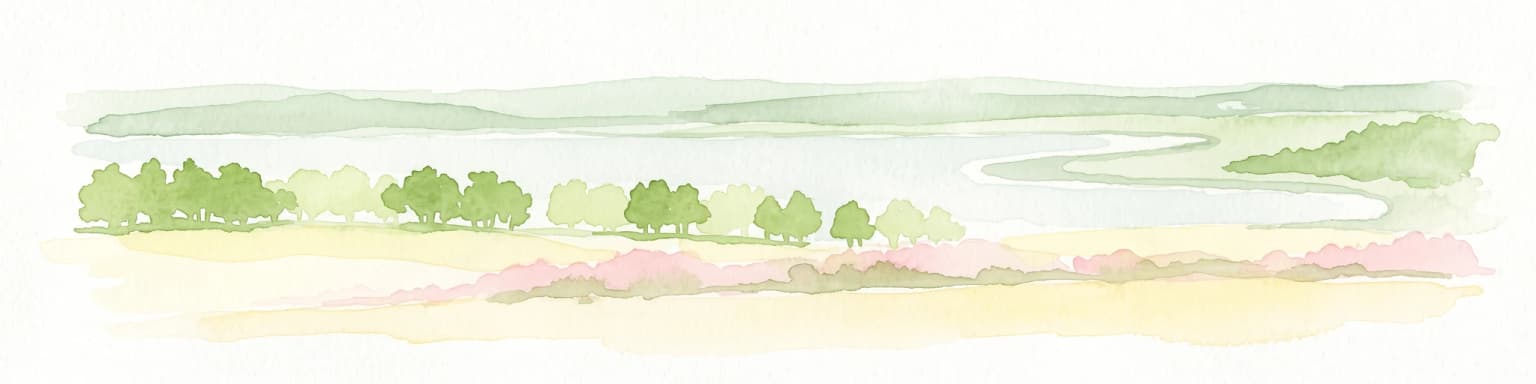 Una ilustración minimalista en acuarela que muestra un lago azul claro, árboles verdes y suelo amarillo suave.