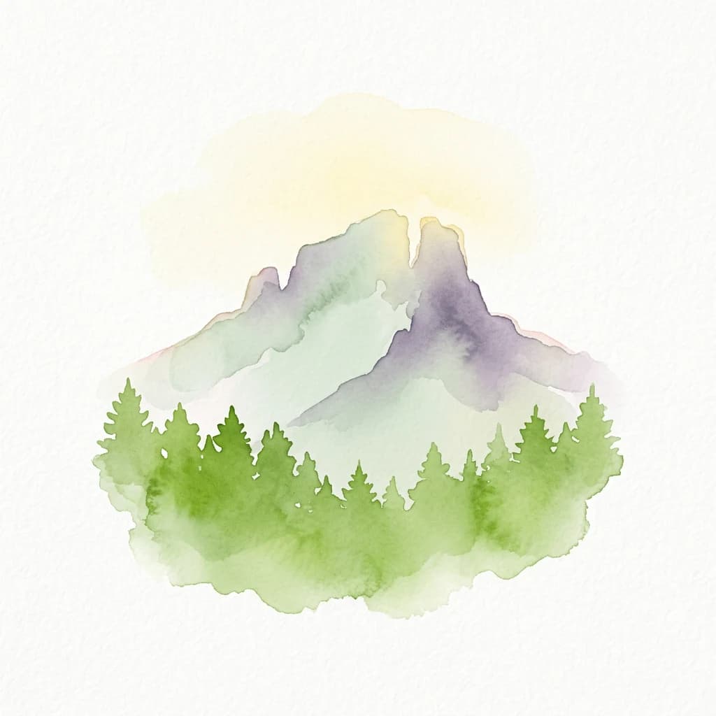 Pintura de acuarela de montañas con árboles verdes y degradados de color suaves