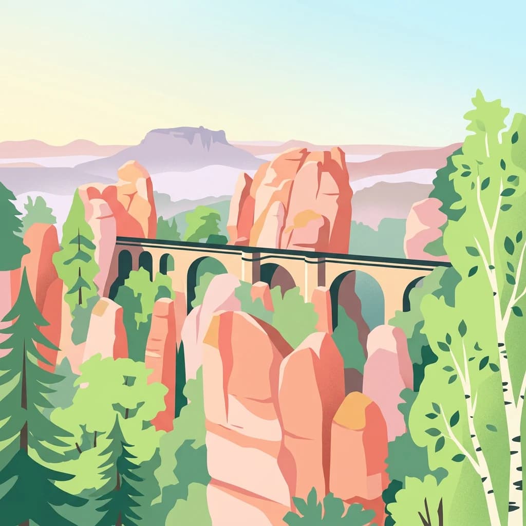 Stylized illustration of a stone bridge spanning between sandstone rock formations with green trees and distant mountains.
