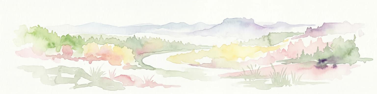 Watercolor painting showing a landscape with green hills, trees, and a river winding through the scene