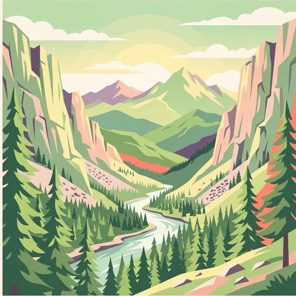 Stylized illustration of a mountainous landscape with a river flowing through a valley surrounded by pine forests and rocky cliffs under a partly cloudy sky