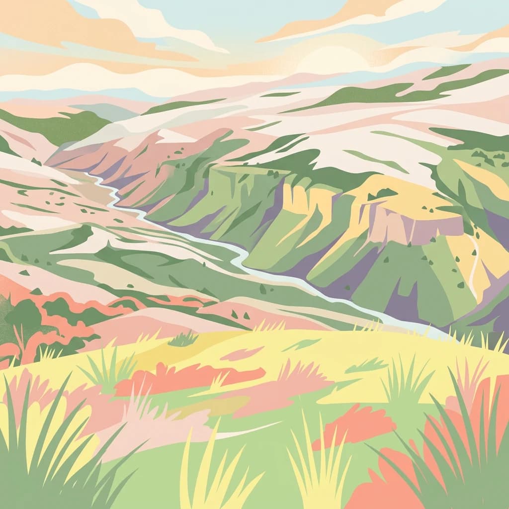 An illustration of a mountainous valley with a winding river, green slopes, and colorful vegetation under a partly cloudy sky