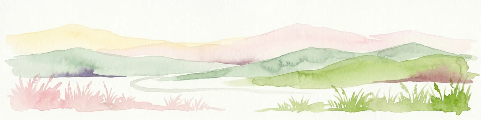 Watercolor painting of a landscape featuring green hills, grassy foreground, and distant mountains under a soft sky