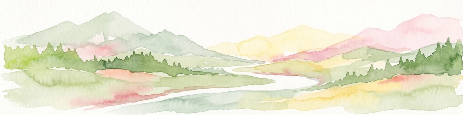 A watercolor painting showing a panoramic view of soft mountain ridges and evergreen forests flanking a winding valley stream.