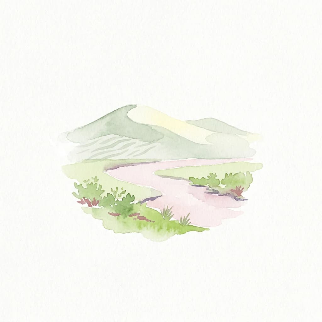 Ilustración en acuarela de colinas verdes onduladas, un arroyo sinuoso de color rosado y pequeña vegetación