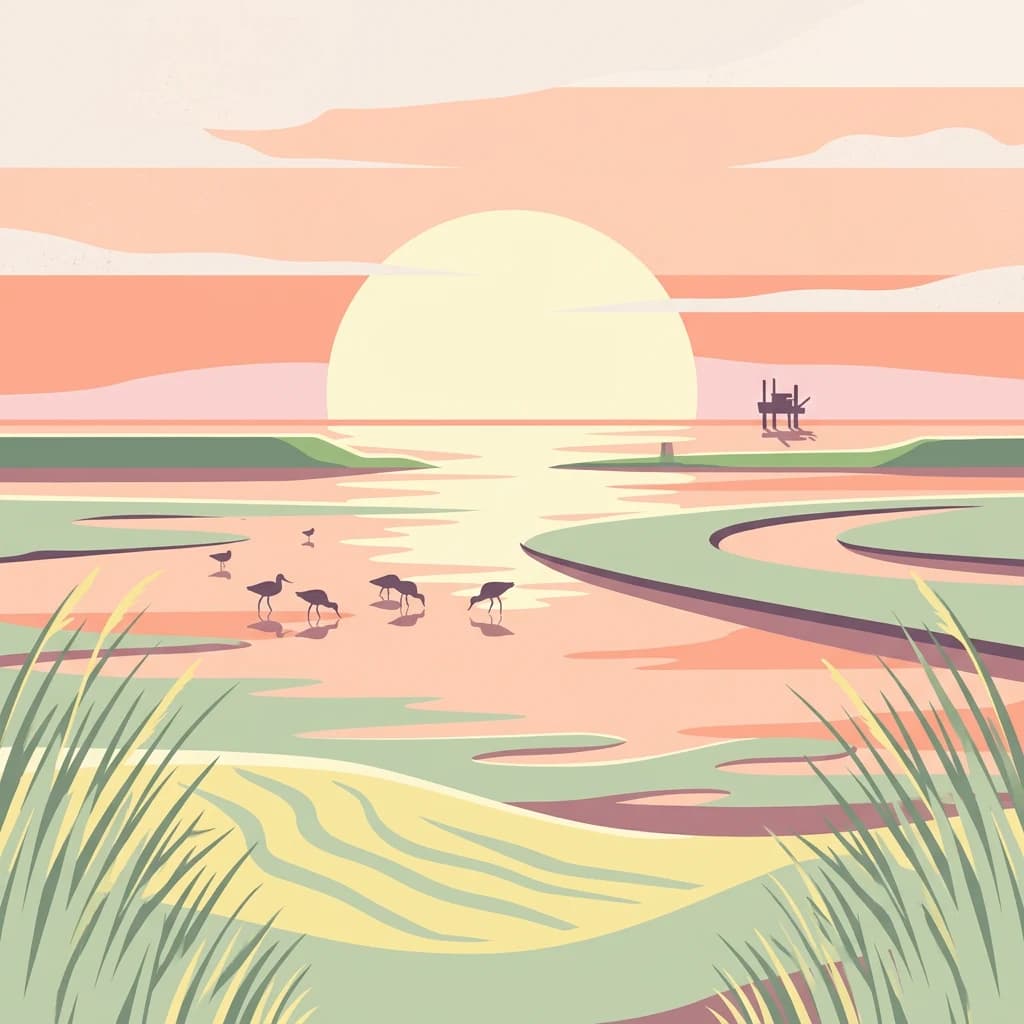 Illustration of coastal marshland with water channels, grasses, birds, and a sunset
