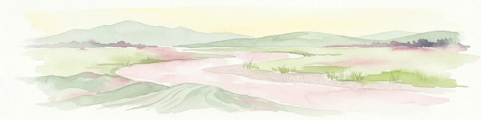 Watercolor illustration of rolling hills, a winding river, and distant mountains under a pale sky