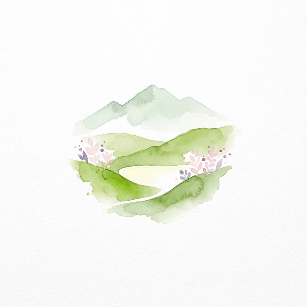 Watercolor illustration of green rolling hills, pink and purple flowers, and distant mountains with a winding path