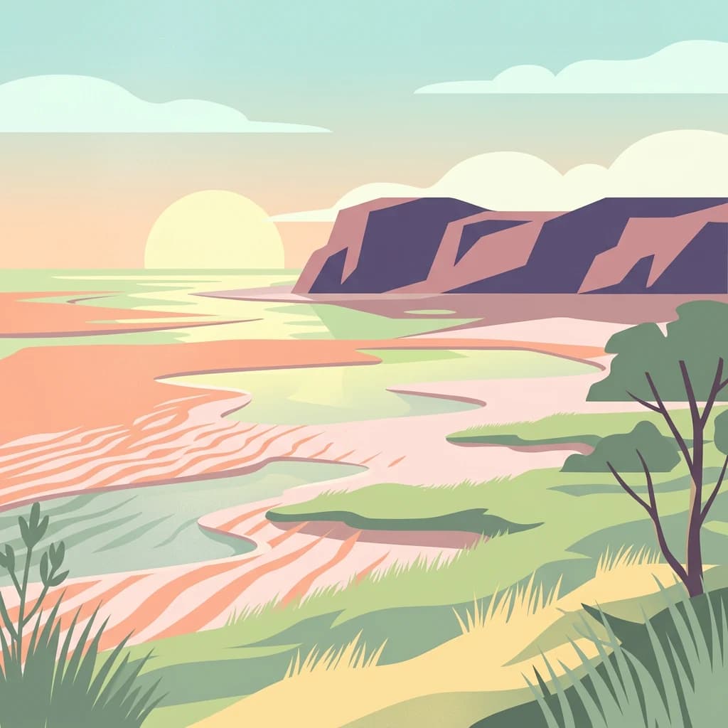 Illustration showing coastal landscape with tidal flats, cliffs, and sunset over the Wadden Sea