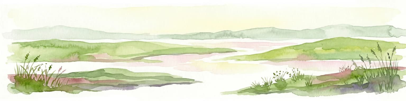 Watercolor illustration of a landscape with green hills, a body of water, and grassy foregrounds