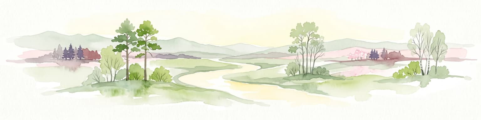 A horizontal watercolor illustration showing a winding stream moving through a flat marshy landscape with scattered trees and distant rolling hills.