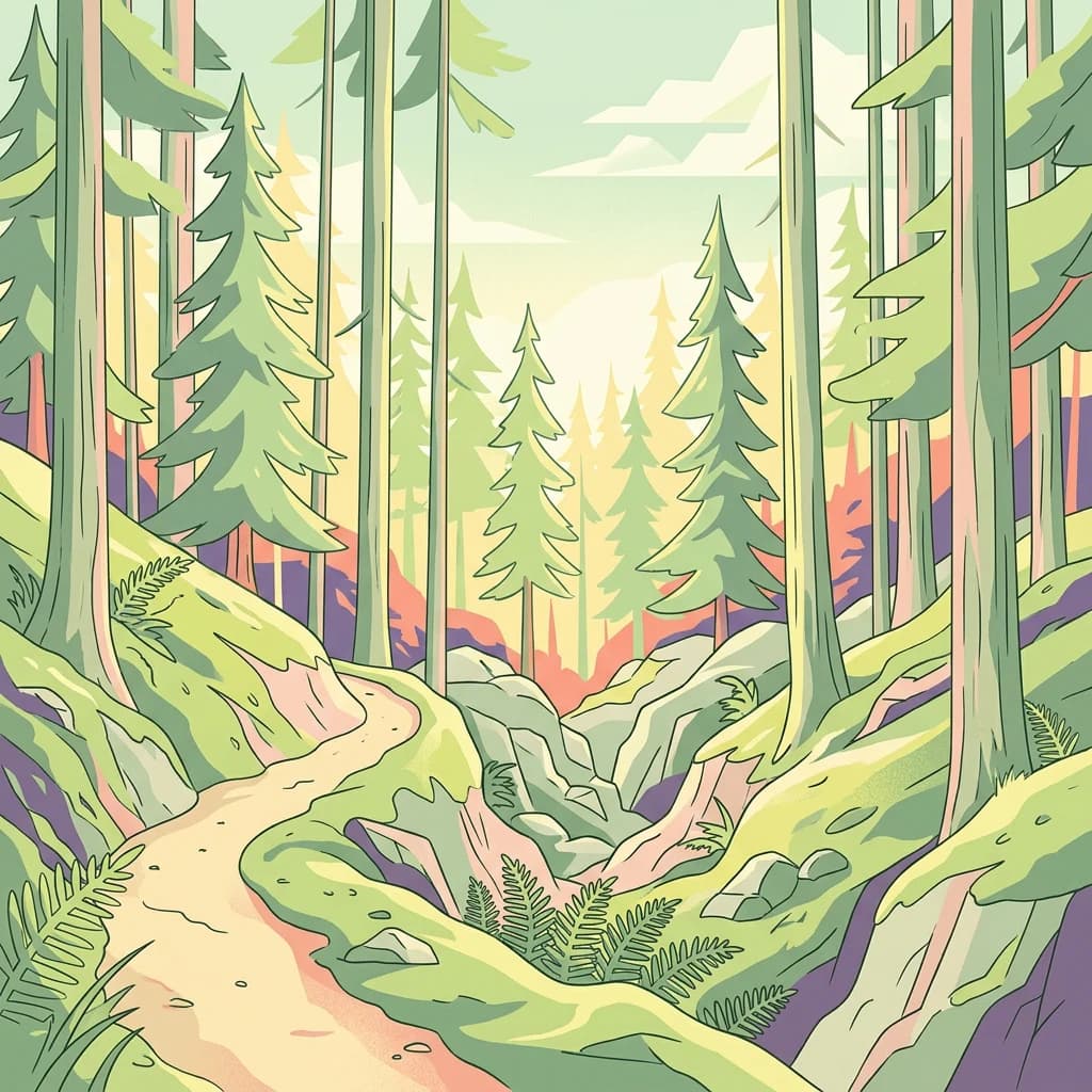 An illustrated forest scene with a winding path through tall coniferous trees, moss-covered rocks, and ferns under a light blue sky