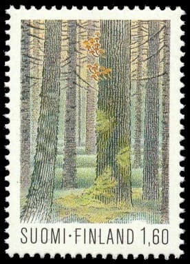 Finnish postage stamp showing a forest with tall trees and moss, labeled 'SUOMI·FINLAND 1,60'