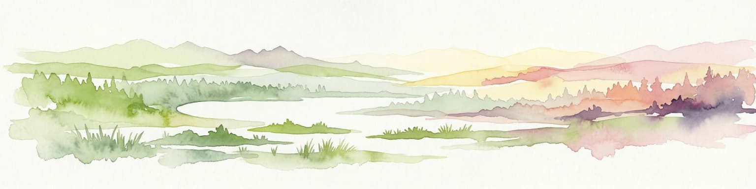 Watercolor painting of a lake surrounded by trees with a colorful sky.