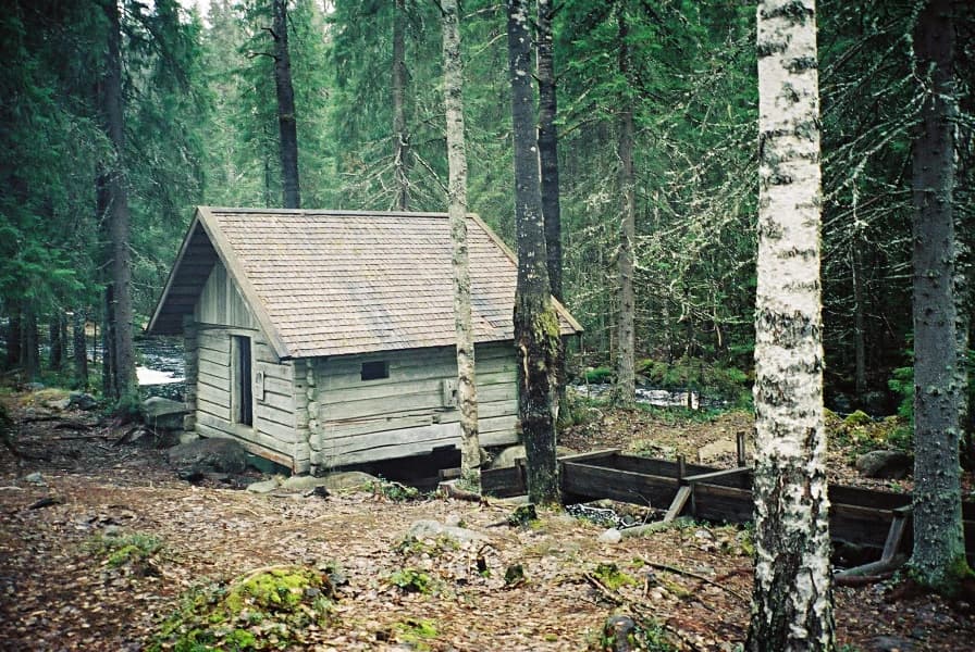A wooden watermill structure in a forested area with tall trees and a railway track nearby