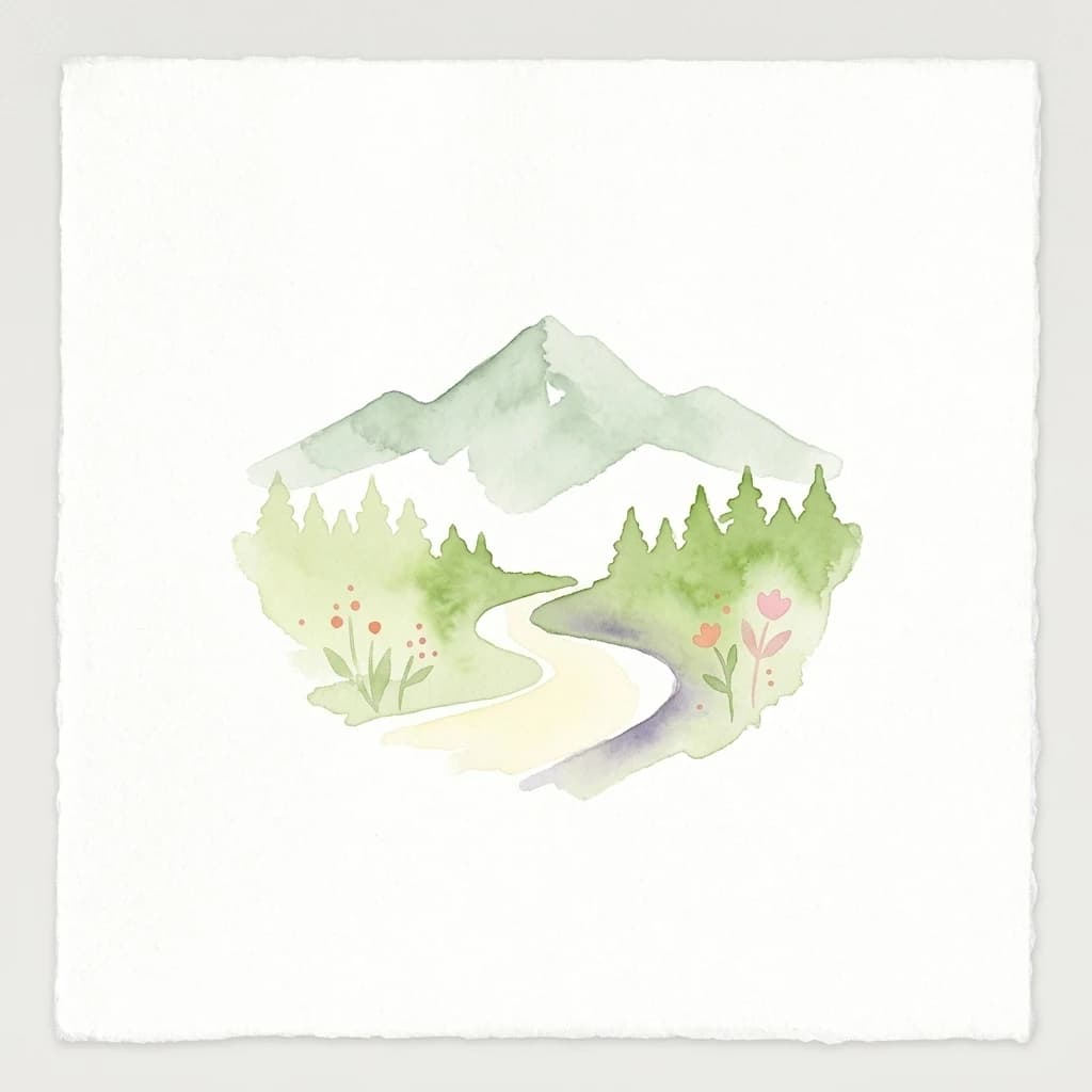Watercolor illustration showing a winding path through a forested mountain landscape with flowers and trees