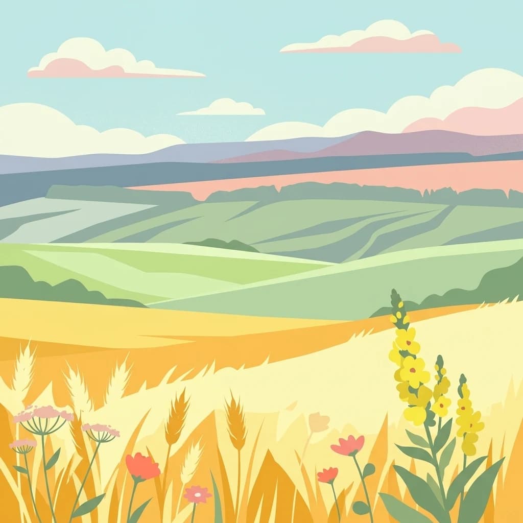 Illustration showing golden fields with wildflowers in the foreground, rolling green hills in the midground, and distant mountains under a sky with pink and white clouds