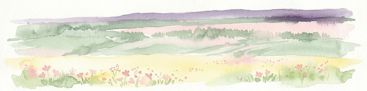 Watercolor painting of a meadow with wildflowers and rolling hills under a soft sky