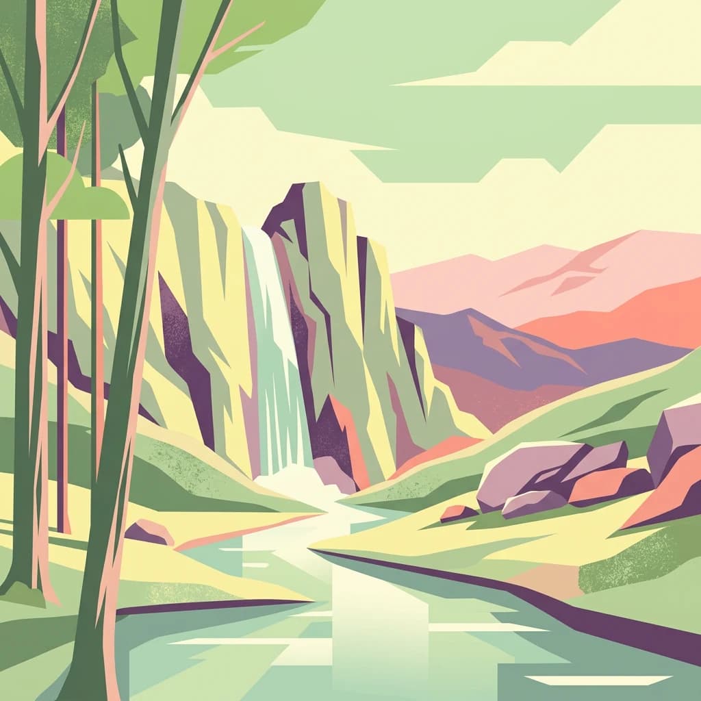 Illustration of a waterfall, mountains, and river with trees