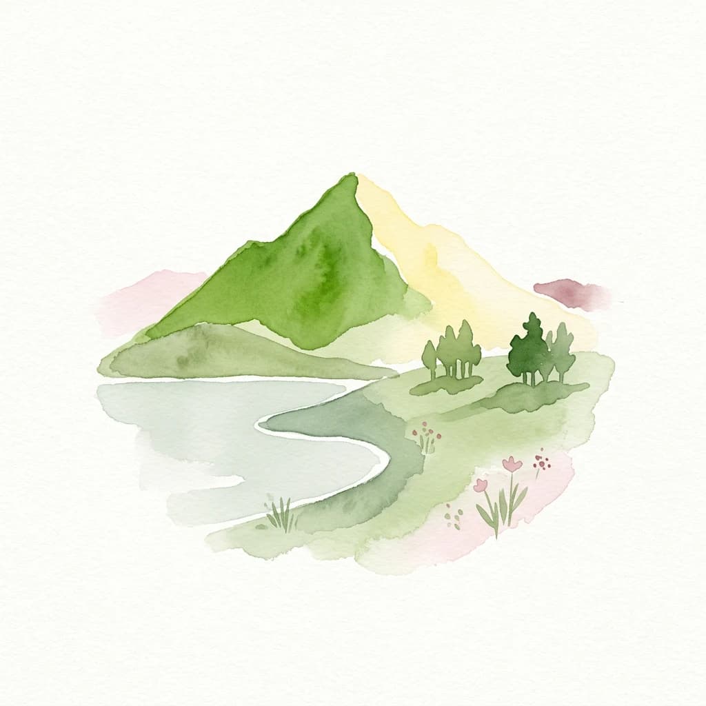 Watercolor illustration of a mountain with a lake, trees, and flowers