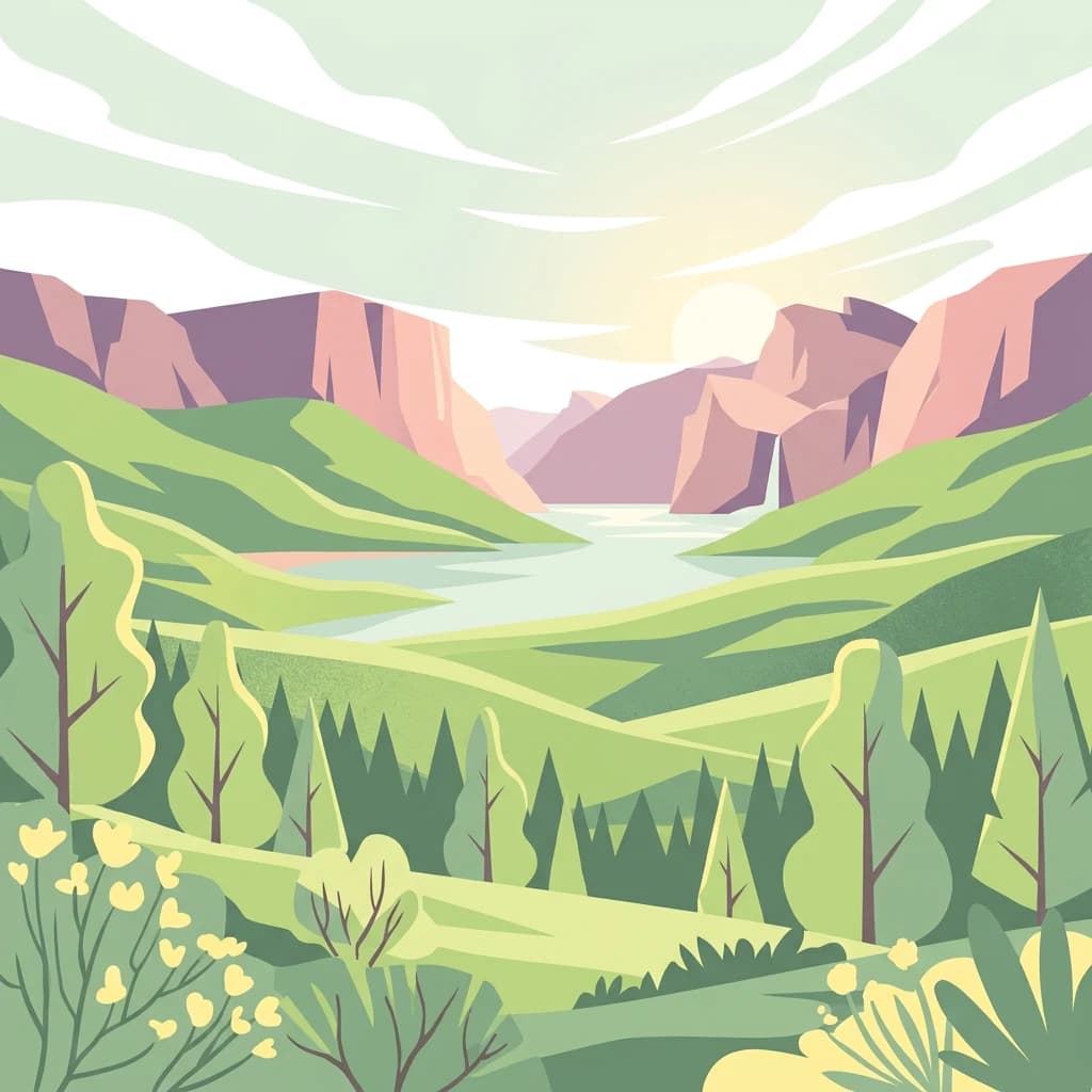 Stylized illustration of green mountains, a river, and forested valleys under a partly cloudy sky