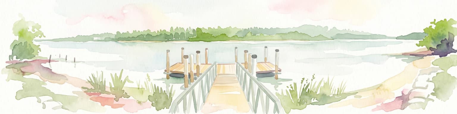 Una ilustración en acuarela de un embarcadero de madera que se adentra en aguas tranquilas de humedal, con frondosas orillas verdes y árboles a ambos lados.