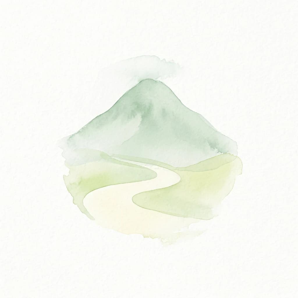 Watercolor painting of a green mountain with a winding path through rolling hills