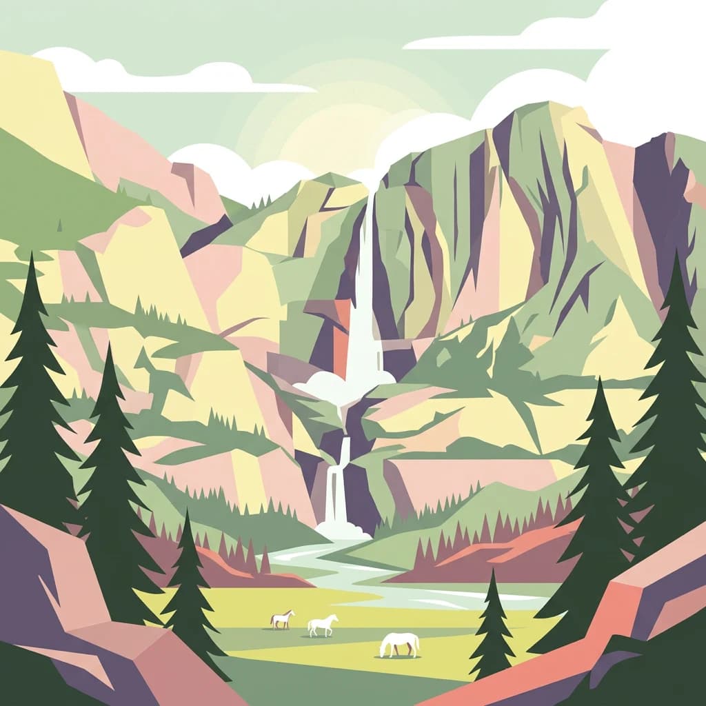 Stylized illustration of a mountainous landscape with a waterfall, pine trees, and three white animals in a meadow