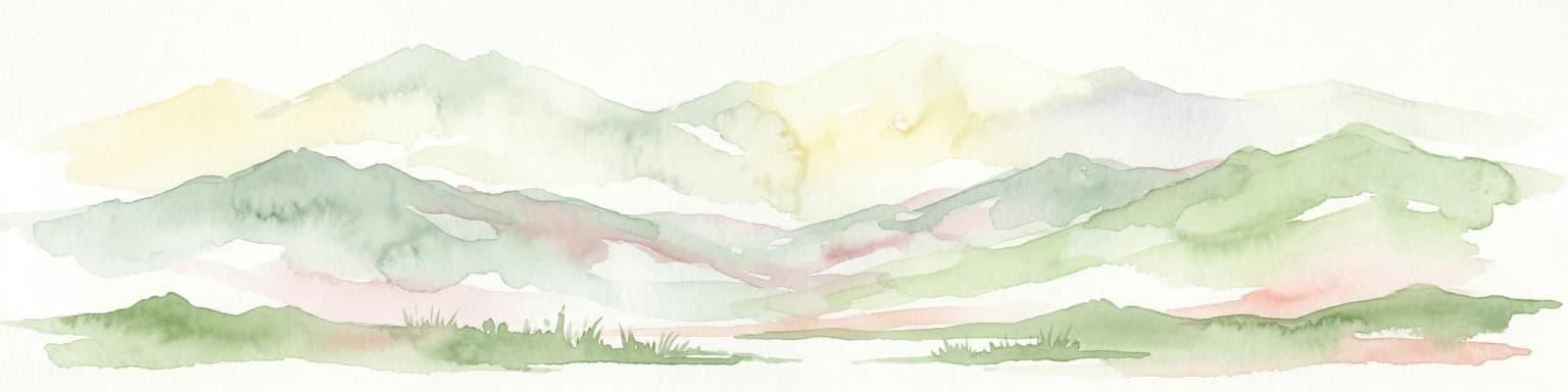 Watercolor painting of layered mountains with green, yellow, and pink hues.