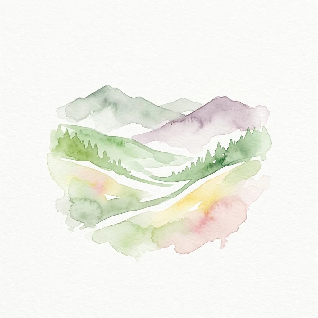 Watercolor illustration of mountains, forests, and valleys with soft pastel colors