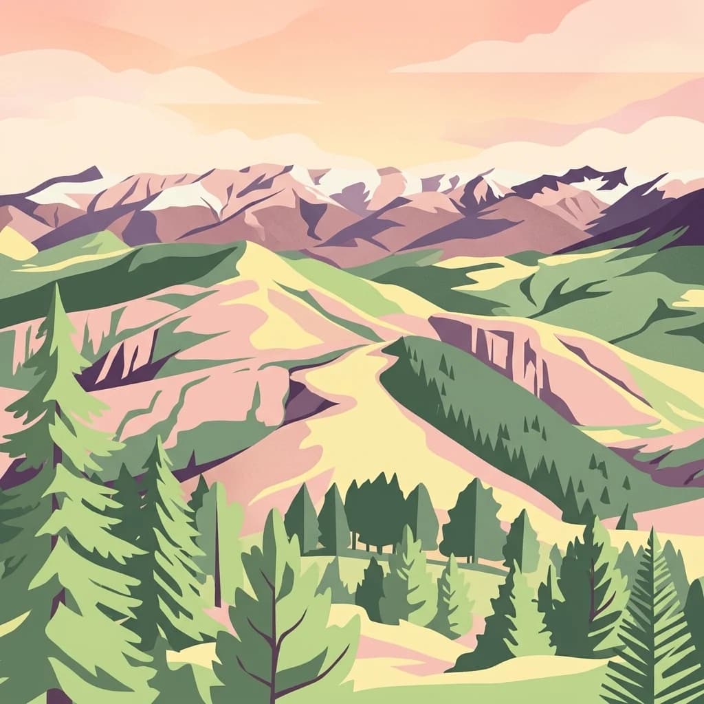 Stylized depiction of mountainous terrain with forests and rolling hills under a soft sky