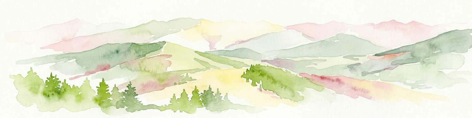 Watercolor painting of rolling mountains with green forests and pastel-colored hills