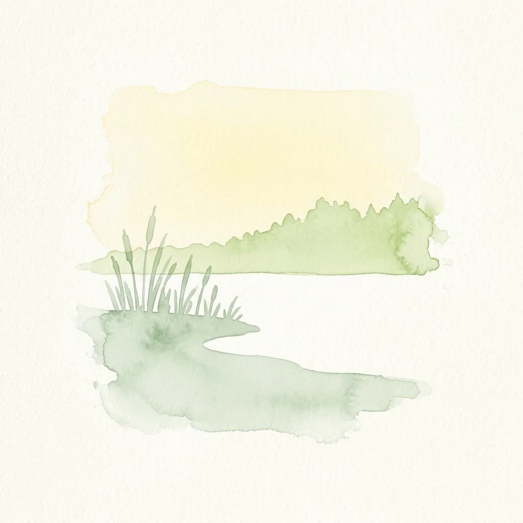 Watercolor illustration of a lake with grasses in the foreground and trees in the background
