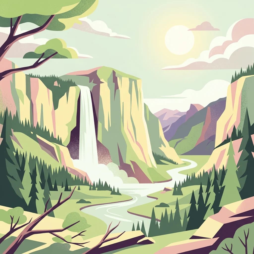 Stylized illustration of a waterfall flowing from cliffs into a winding river valley with forested mountains and trees