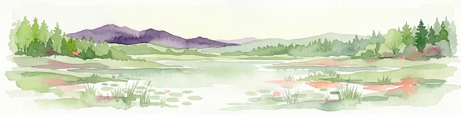 Watercolor depiction of a lake with reeds, forested shoreline, and distant mountains