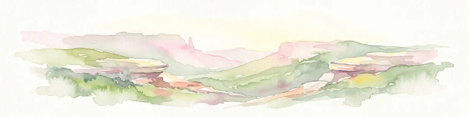 Watercolor painting of a wide, rolling landscape featuring layered sandstone bluffs and green forested hills against a light background.