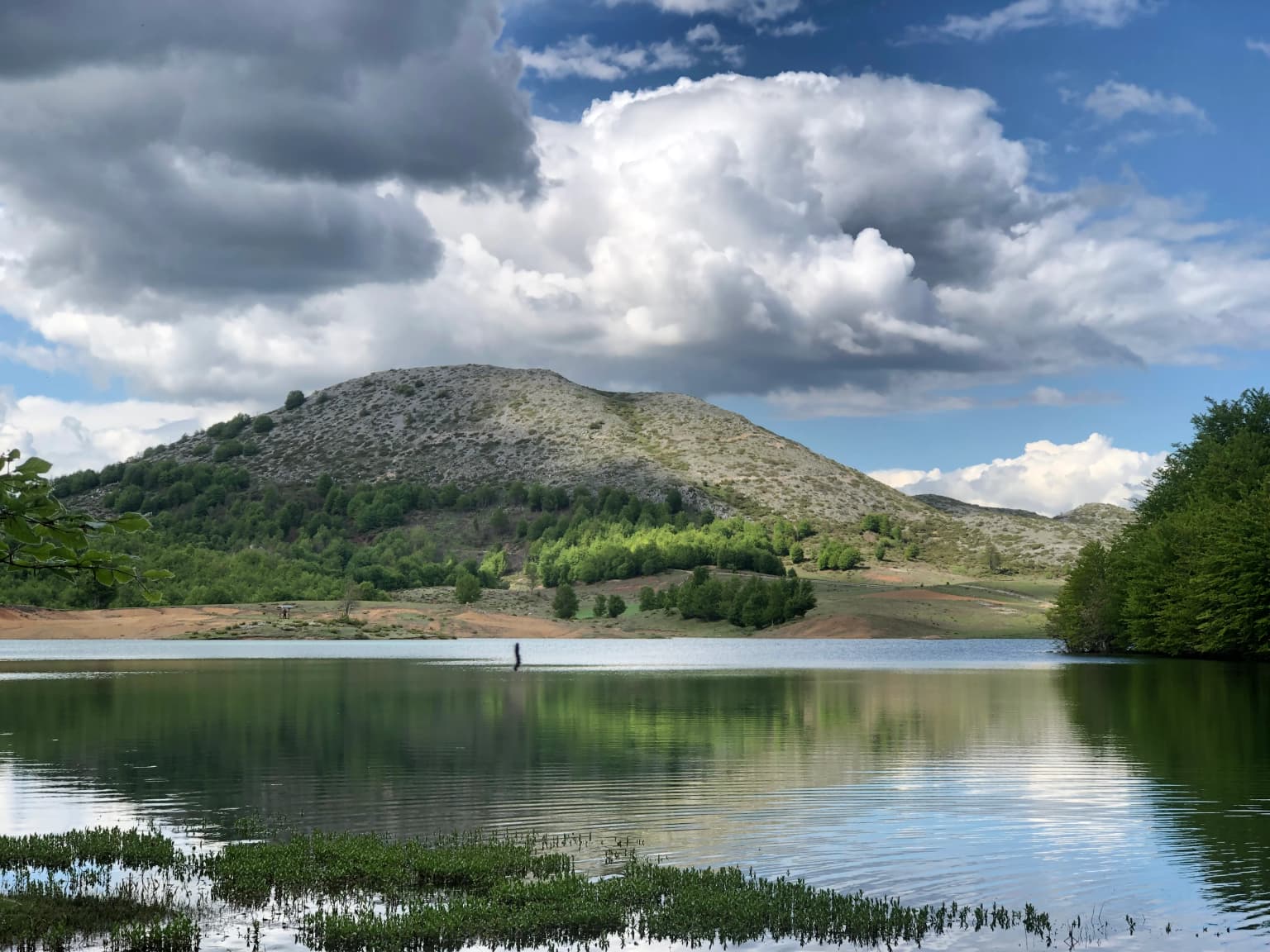 A serene lake reflecting a mountain and cloudy sky, with vegetation along the shore
