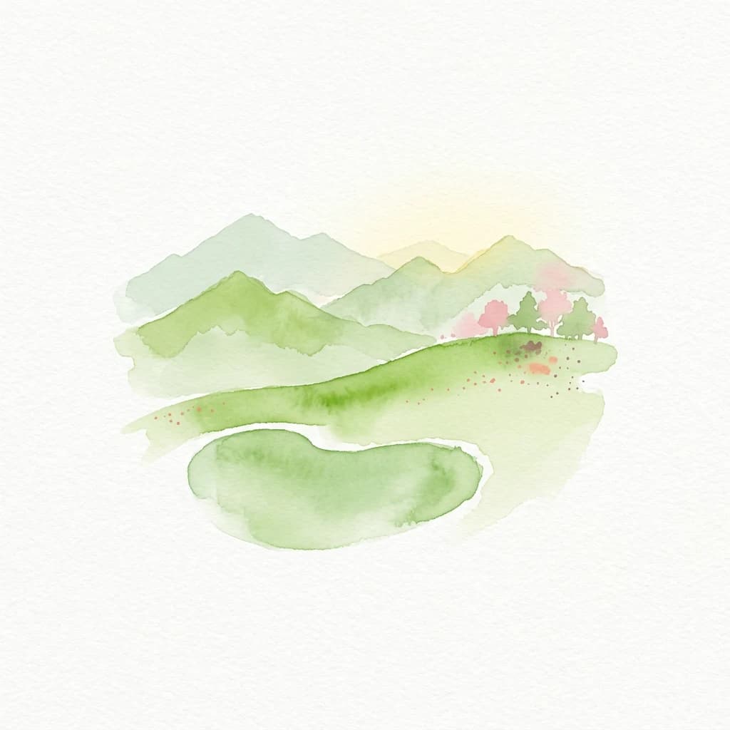 Watercolor illustration of green mountains, a lake, and trees.