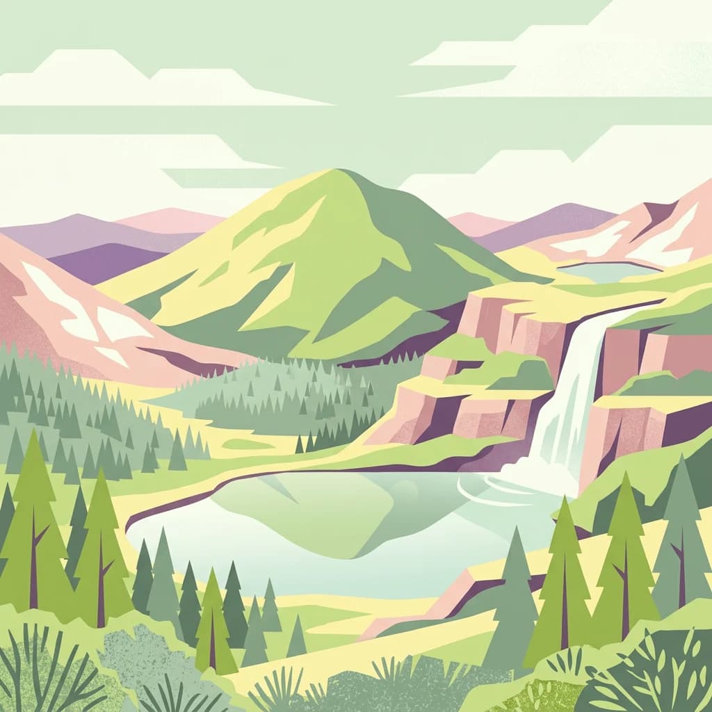 Stylized illustration of a mountainous landscape featuring a waterfall, lake, and dense forest