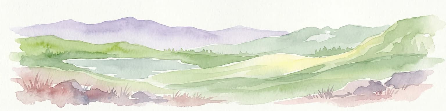 Watercolor illustration of mountains, a lake, and rolling hills with grassy vegetation.