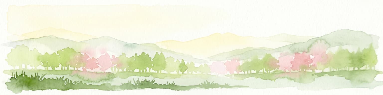 Watercolor painting of rolling hills, trees, and a river in a scenic landscape