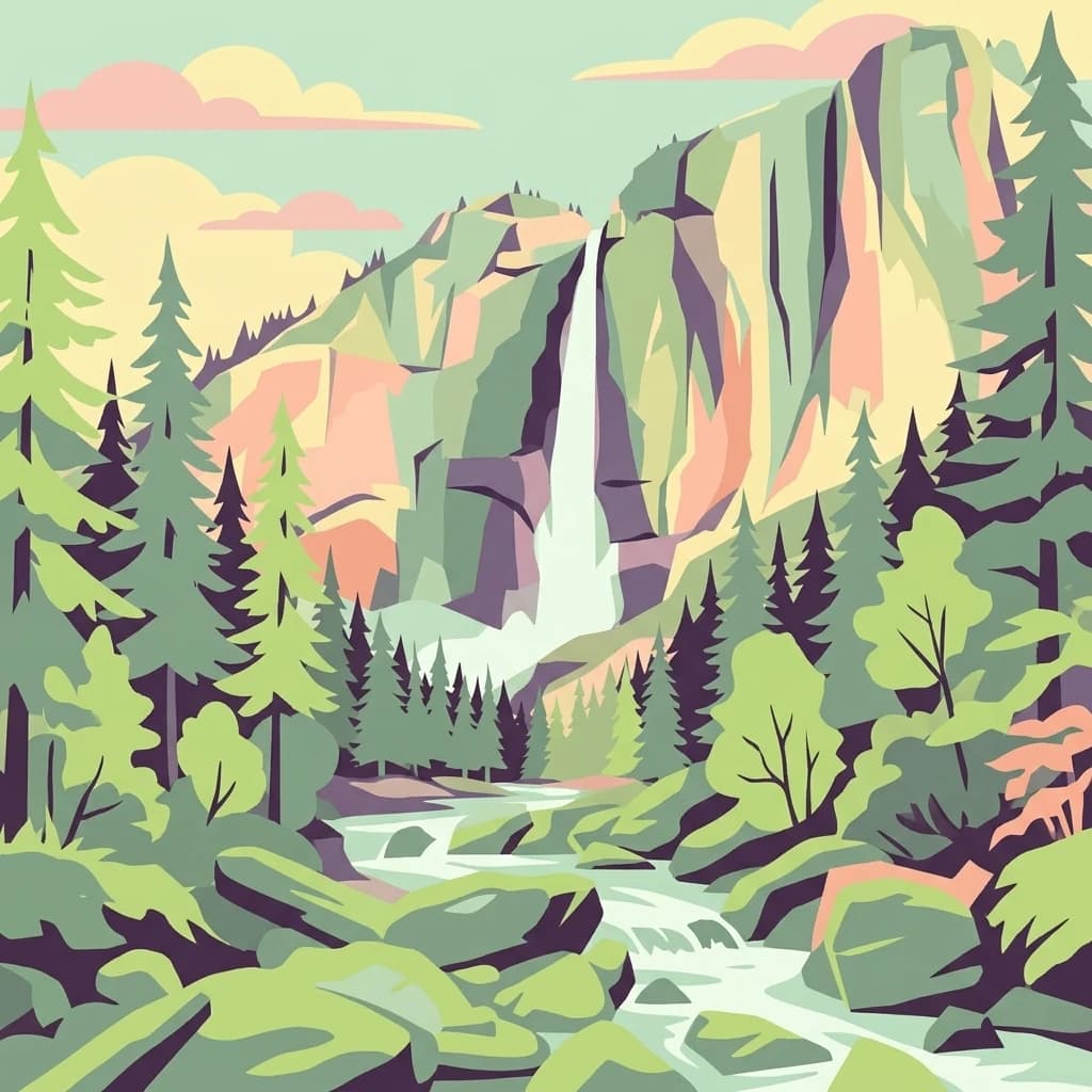 Stylized illustration of a waterfall cascading down a rocky mountain, surrounded by dense evergreen forest and a stream flowing through the landscape