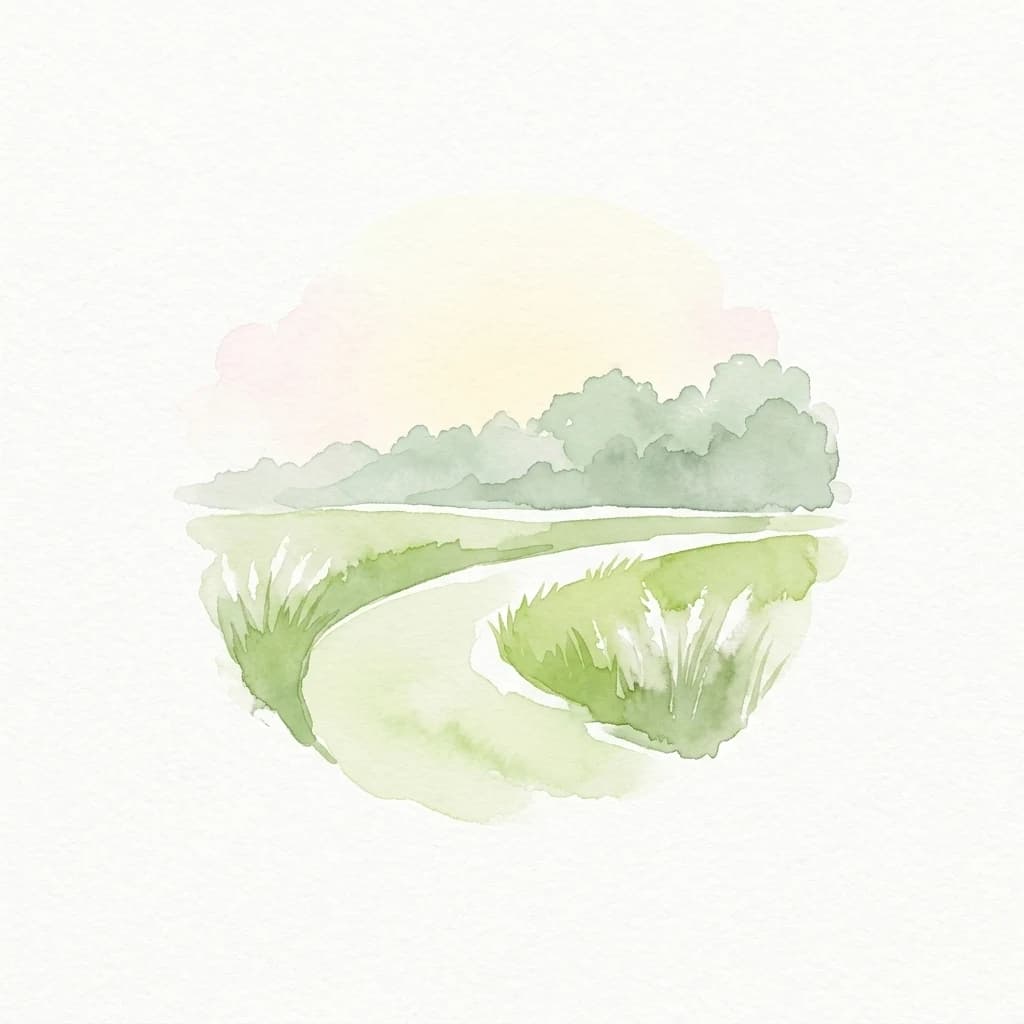 Watercolor painting of a winding path through grassy fields with trees and a pastel sky